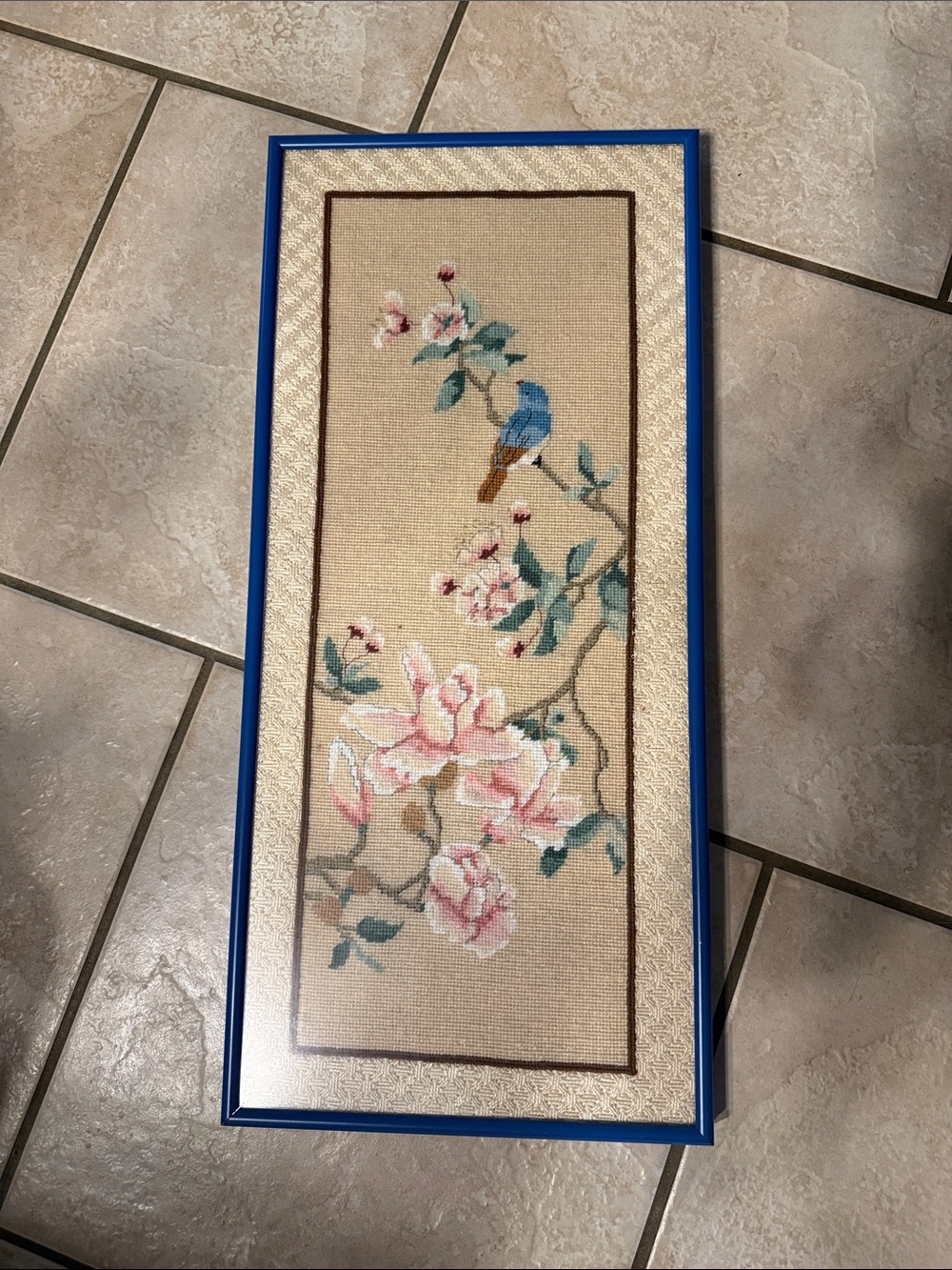 Vintage Large Floral Cross-Stitch Panel with Blue Bird - Framed